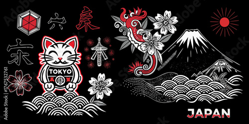 Japanese cultural symbols including mount fuji maneki neko cherry blossoms waves and calligraphy on black background