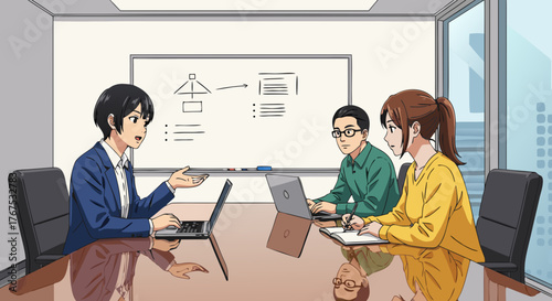 Business meeting in a modern office with three colleagues collaborating around a conference table, discussing a presentation on a whiteboard
