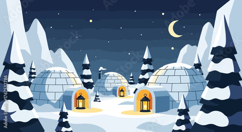 Igloo Village Scene in Snowy Landscape.