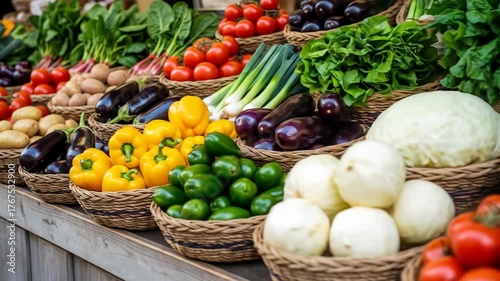 Close-up view of fresh produce in woven baskets on display at a market or store
