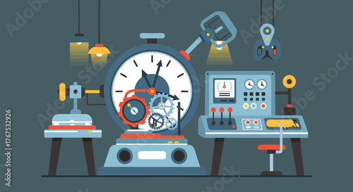 Intricate Machine Assembly with Clockwork and Control Panel.