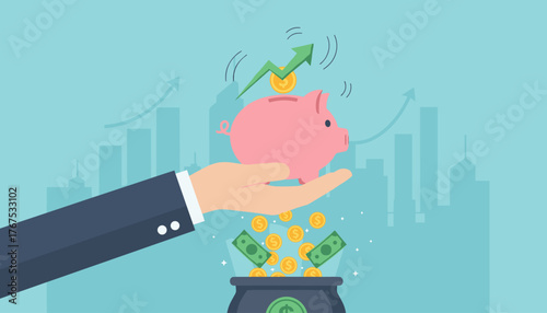 Close-up of a businessman's hand in a suit holding a pink piggy bank with a green upward trending arrow and a gold coin, symbolizing financial growth and savings, with money falling into a pot below