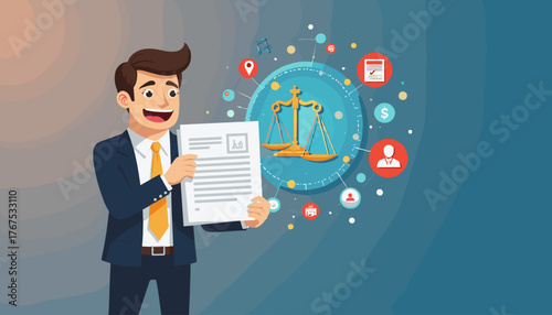 Smiling businessman in a suit holding a legal document with scales of justice and icons representing law, finance, and people in a digital network, symbolizing legal services and business law.