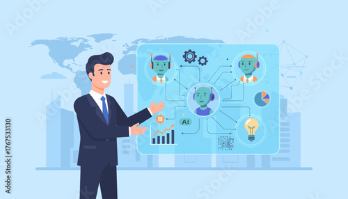 Smiling businessman in a suit interacting with a futuristic AI interface displaying robot avatars, data charts, a lightbulb, and a world map, symbolizing artificial intelligence, technology, and