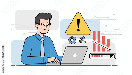 Worried businessman or IT staff programmer developer using laptop with warning sign, gears, and declining graph indicating business failure, system error, or technical problem, symbolizing stress and