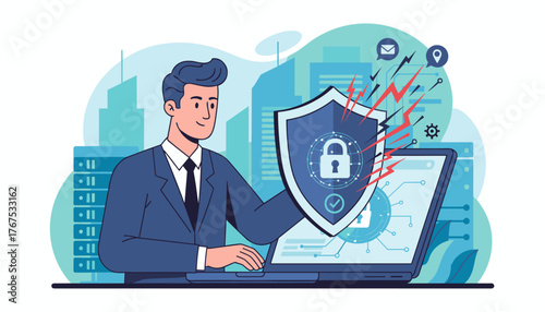 Illustrative vector graphic of a businessman in a suit using a laptop, holding a shield with a lock icon to protect personal data from digital threats, with city buildings and server racks in the
