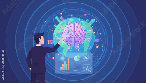 Businessman interacting with a digital representation of the Earth and a glowing, circuit-patterned brain, symbolizing artificial intelligence, global connectivity, and technological advancement