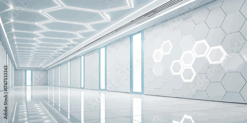 A bright hallway with white walls and a hexagon pattern on the ceiling and walls with lights
