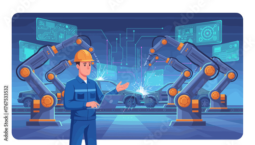 Modern car factory interior with robotic arms assembling vehicles on an assembly line, overseen by a male engineer in a hard hat holding a laptop, showcasing advanced automation and technology in