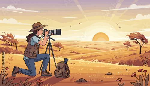 Vibrant illustration of a female photographer kneeling on a grassy prairie, using a professional camera on a tripod to capture the breathtaking sunrise over a vast, rolling landscape with scattered