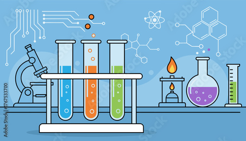 Vibrant science laboratory scene featuring colorful test tubes with blue, orange, and green liquids, a microscope, a Bunsen burner with flame, a round-bottom flask with purple solution, and a