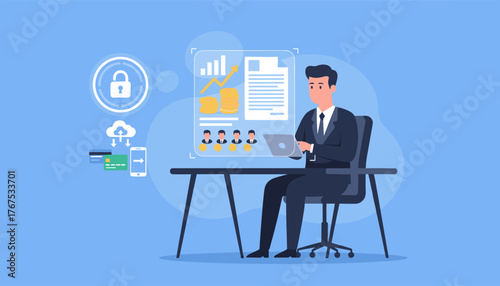 Modern business concept illustration of a man in a suit working on a laptop, analyzing financial data on a holographic screen with charts, coins, and documents, representing online payroll and salary