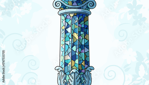 Exquisite stained glass column with shimmering mosaic tiles in shades of blue, teal, and gold, adorned with ornate classical capitals and a decorative base, set against a soft floral background