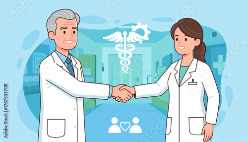 A senior male doctor and a younger female doctor shake hands in a hospital corridor, symbolizing collaboration and partnership in healthcare, with a caduceus symbol and a gear in the background
