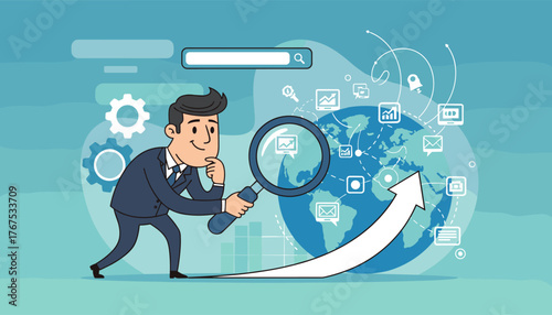 SEO marketing concept with a businessman using a magnifying glass to examine the globe and digital icons, symbolizing global reach, data analysis, and business growth through search engine