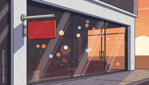 Empty storefront with a red 'Sorry We Are Closed' sign hanging outside a modern building with large glass windows reflecting colorful lights and furniture, during a warm sunset.