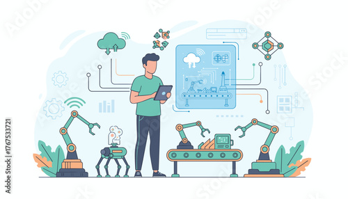 Smart Industry 4.0 concept, a person uses a tablet to control robotic arms and automated conveyor belts on a factory floor, visualizing data flow and cloud connectivity for modern manufacturing