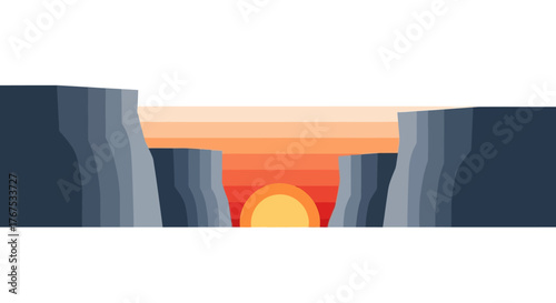 Minimalist vector illustration of a canyon gorge at sunset.