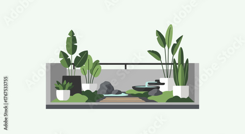 Modern glass terrarium with lush green plants and rocks.