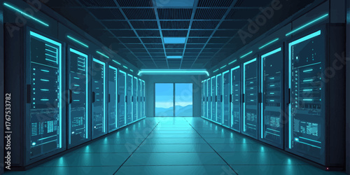 Interior view of a data center with rows of servers and a window at the end of the hallway