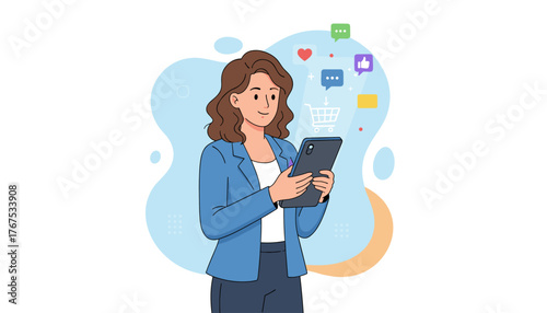 A woman in a blue blazer uses a tablet, engaging with social media marketing concepts like shopping carts, likes, thumbs up, messages, and email, symbolizing online communication and e-commerce in a