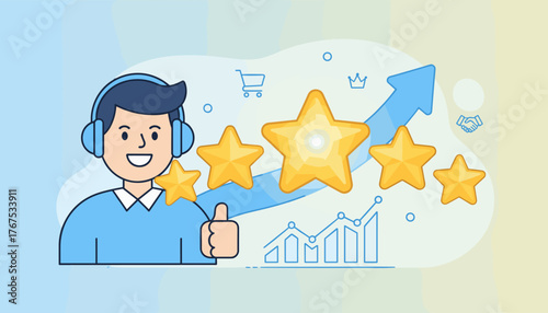 Customer satisfaction and positive feedback concept, represented by a smiling person with headphones giving a thumbs up next to glowing five-star ratings and an upward trending graph, symbolizing