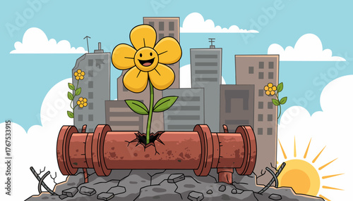 A cheerful yellow flower with a smiling face sprouts triumphantly from a cracked, rusty metal pipe, symbolizing resilience and hope amidst a desolate urban landscape with decaying buildings and