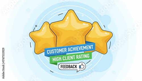 Three shiny golden stars representing customer achievement and high client rating, with a feedback icon and thumbs up, symbolizing excellent service and positive reviews in a business context