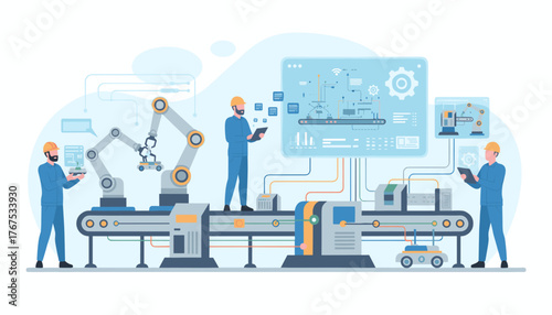 Modern automated production line with robotic arms, conveyor belts, and human workers overseeing operations with tablets, showcasing industry 4.0 concepts and advanced manufacturing technology in a