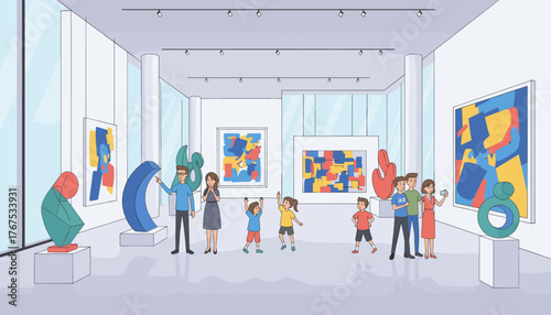 A diverse group of people, including families with children, are enjoying a visit to a modern art gallery, admiring abstract paintings and sculptures, with one person capturing the moment with a