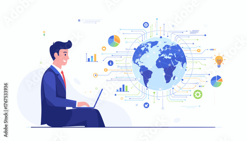 Abstract illustration of a businessman in a suit using a laptop, connected to a digital network surrounding a glowing globe, symbolizing global connectivity, data synchronization, and technological