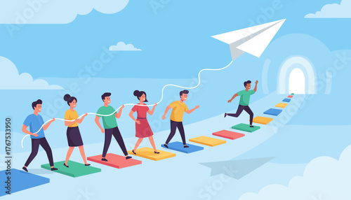 Vivid illustration of a team of diverse people holding onto a rope, walking on colorful stepping stones towards a bright, arched gateway in the sky, symbolizing achievement, progress, and collective