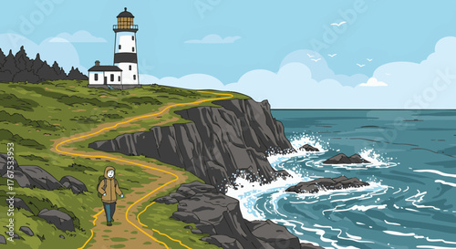 A lone hiker strolls along a coastal path leading to a picturesque lighthouse overlooking the ocean waves