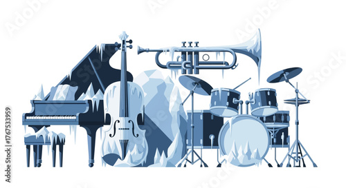 Musical Instruments Collection - Piano, Violin, Trumpet, and Drum Kit in Blue Tones.