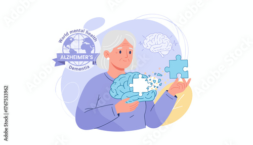 Alzheimer's disease concept: Elderly woman with gray hair holds a fragmented brain puzzle piece, symbolizing memory loss and cognitive decline, with a world mental health emblem and brain