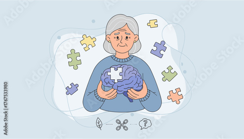 Alzheimer's disease concept: An elderly woman with gray hair holds a stylized brain with a missing puzzle piece, surrounded by colorful puzzle pieces, symbolizing memory loss and cognitive decline in