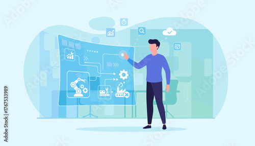 Modern automation concept illustration featuring a person interacting with a futuristic digital interface displaying robotic arms, factory icons, gears, and data analytics charts, symbolizing