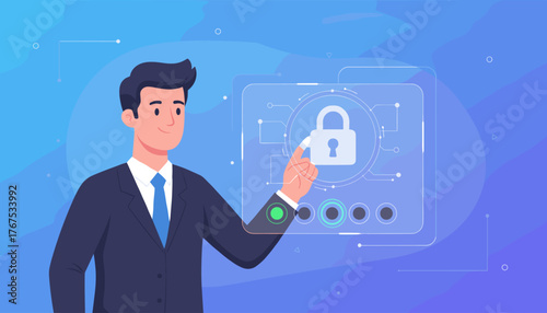 Businessman interacting with a futuristic digital interface, touching a glowing padlock icon representing authentication and verification, symbolizing cybersecurity and data protection in a modern