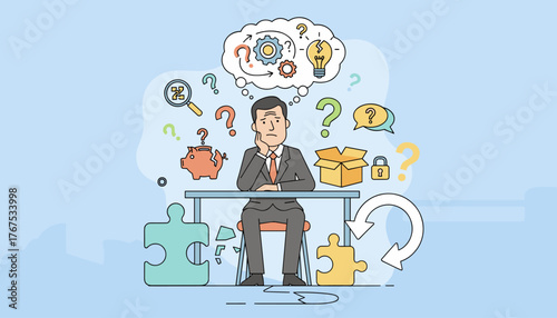 Confused businessman sitting at a desk surrounded by question marks, puzzle pieces, a broken piggy bank, and a lightbulb with a crack, symbolizing doubt, problem-solving, and curiosity in business