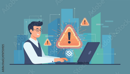 Businessman or IT staff programmer developer using a laptop with warning signs and error alerts, representing cybersecurity threats, system failure, or urgent technical issues in a modern digital