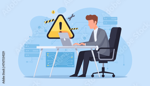 A businessman or IT staff programmer developer working on a laptop at a desk, with a warning sign and circuit board graphics in the background, symbolizing technical issues or system errors in a