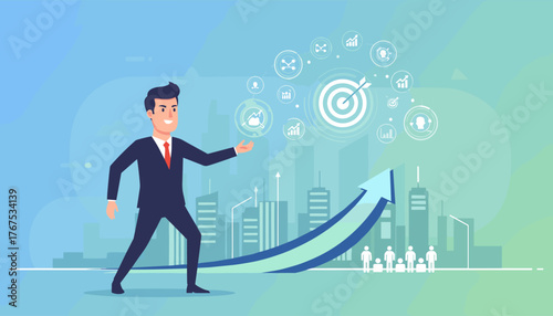 Dynamic businessman in a suit presenting a virtual target with interconnected icons representing business growth, data analytics, and team collaboration, set against a cityscape backdrop with an