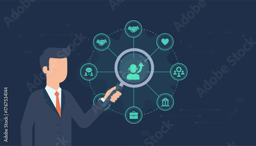 Businessman with magnifying glass focusing on career growth icon, surrounded by business and employment related icons, symbolizing job search, professional development, and human resources strategy