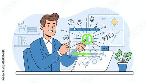 Smiling businessman in a blue suit pointing at a digital calendar on a laptop screen, highlighting the number 1, symbolizing scheduling, planning, and task management in a modern office setting with