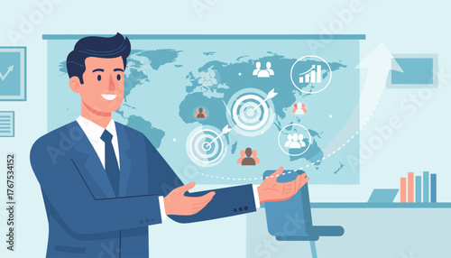 Smiling businessman in a suit presenting virtual target icons and growth charts on a world map background, symbolizing global business strategy, marketing goals, and successful expansion, with an