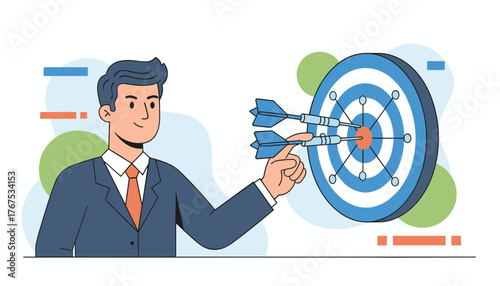 A focused businessman in a suit and tie is about to throw darts at a target, aiming for the bullseye, symbolizing business strategy, goal achievement, precision, and success in a modern, clean