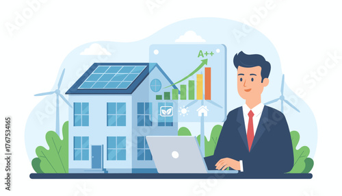 Businessman using a laptop with a virtual screen displaying a rising graph and energy efficiency rating A++ next to a house with solar panels and wind turbines, symbolizing green energy and
