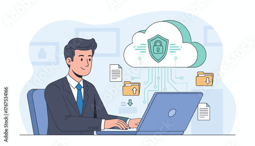 Businessman using a laptop to download organizational files securely to the cloud, illustrating data management and cybersecurity concepts with a modern, flat design style and vibrant colors, perfect