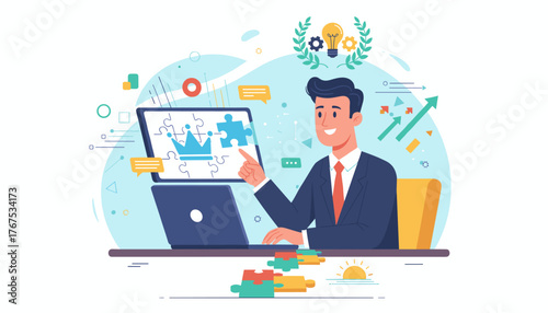 Successful businessman in a suit points to a laptop screen displaying a jigsaw puzzle with a crown icon, symbolizing strategy and problem-solving, with growth charts and lightbulb icons in the