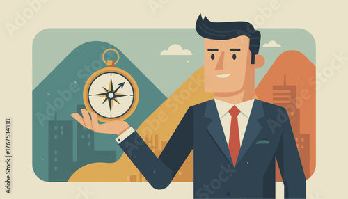 A stylized illustration of a businessman in a suit and tie holding a golden compass in his outstretched hand, symbolizing guidance, direction, and decision-making in the corporate world, set against